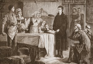 Jovem Calvino expõe a Bíblia a uma família em Bourges, ilustração de A História do Protestantismo, de James Aitken Wylie (1808-1890), pub. 1878 de English School