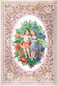 Menina jovem menino, com, flores, e, fitas, cartão de English School