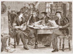 Zwingle entre seus amigos, ilustração da história do protestantismo por James Aitken Wylie (1808-1890), bar. 1878 de English School