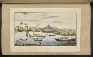 f.75 (placa 86) Cena fluvial em Java com barcos, incluindo um barco com cabeça de dragão de English School