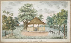 f.84 (95) A estátua de Kiay Poerwakali num barracão de colmo no exterior da aldeia de Batu Tulis (W. Java). Inscrito na frente com tinta:Vista do Toelies do Batoe Kampong com um Pondoppo ou barracão perto dele, sob o qual se encontra uma imagem de pedra ch de English School