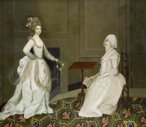 Duas senhoras num interior, uma a ler, a outra a segurar uma grinalda de flores de English School, 18th Century