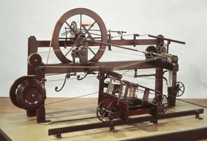 Réplica da moldura de mula giratória inventada por Samuel Crompton (1753-1827) em c.1772-79 (madeira e metal)