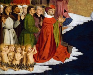 Baptizando homens e crianças, detalhe de Coroação de Altar de Virgem de Enguerrand Quarton