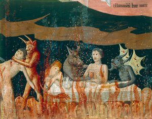 Demónios e condenados no inferno, detalhe da Coroação da Virgem Altarpiece