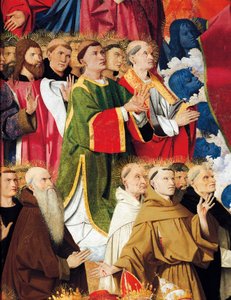 Ordens religiosas e clero, detalhe de Coronation of Virgin Altarpiece de Enguerrand Quarton (cerca de 1410-1466), tempera em painel de Enguerrand Quarton