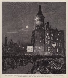 Anúncio dos resultados das eleições gerais de 1892 do Clube Liberal, Westminster, Londres (litho) de Enoch Ward