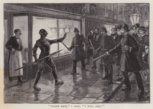 Polícias confrontados por um homem vestido com uma armadura medieval numa rua londrina (litho)