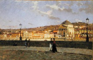 Cais ao longo do rio Pó e da Igreja de Grande Madre di Dio, Turim, 1882 de Enrico Reycend