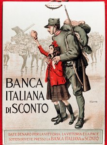 Primeira Guerra Mundial: cartaz italiano incentivando um empréstimo nacional representando um soldado com uma menina oferecendo sua lira - Ilustração de Enrico della Leonessa (Lioness) (1875-1921)