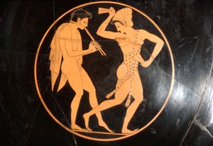 Copo Bebendo, Kylix da menina dançando com a juventude tocando flauta, sótão, c510 aC de Epikektos