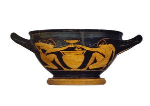 Cúpula-skyphos ática de figuras vermelhas, decorada com dois jovens nus ajoelhados junto a uma coluna de cratera, c.520-500 aC (cerâmica) de Epiktetos