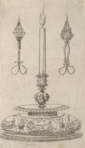 Projeto para um castiçal com aparadores de pavio de vela, 1560-70. de Erasmus Hornick