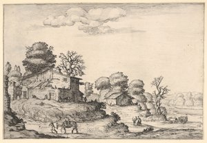 Paisagem com habitações camponesas e um homem conduzindo um cavalo em primeiro plano esquerdo, de um ..., 1638.