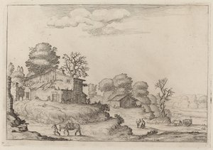 Paisagem rústica com camponeses e cavalos