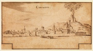 Vista de Cartagena, Espanha, c.1642 (caneta e tinta castanha sobre papel assentado, com linhas de enquadramento de tinta castanha pisadas no fundo) de Ercole Frigoni Bazzicaluva