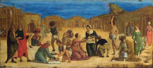 "La recolte de la manne dans le desert du Sinai" - De Ercole Roberti (Ercole Ferrarese) (c. 1450-1496) Os israelitas reunindo Manna Tempera na tela 1490s National Gallery, Londres 28,9x63,5