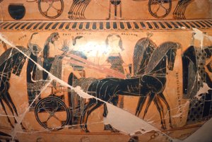 Detalhe de Zeus e Hera em uma carruagem com Kaliope do Vaso François, século 6 aC de Ergotimos