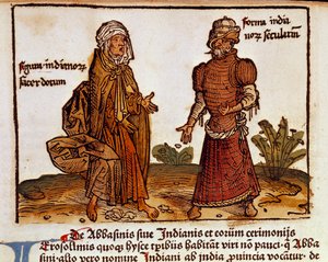 Descrição dos trajes albaneses: um padre e uma página laica retirada do livro de viagem "peregrinatio in terram sanctam" após a peregrinação na Terra Santa de Bernard de Breydenbach (Breidenbach) (1454-1497) ilustrada por estampas de Erhard Reuwich