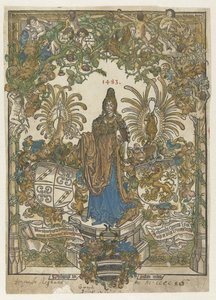 Frontispícios com uma mulher em um pedestal com armas de Bernhard von Breydenbach e Johannes Comes in a frame