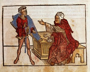 Transação entre um judeu e um agiota Página retirada do livro de viagem "peregrinatio in terram sanctam" após a peregrinação na Terra Santa de Bernard de Breydenbach (Breidenbach) (1454-1497) ilustrada por gravuras de Erhard Reuwich