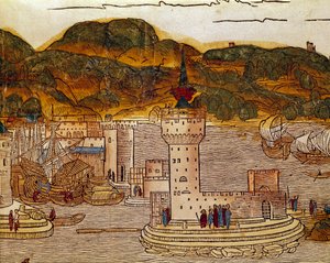 Vista do porto de Candie (actual Heraklion) em Creta Page do livro de viagens "peregrinatio in terram sanctam" após a peregrinação na Terra Santa de Bernard de Breydenbach (Breidenbach) (1454-1497) ilustrada por gravuras de Erhard Re