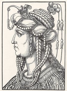 "Retrato de Sultana Roxelane (Russelazie (a Rutheniana), ou Hurrem (nee Anastasia Lisovska, ca. 1500-1558) esposa do Sultão Suleiman o Magnífico" Gravura em madeira de Erhard Schoen (1491-1592) ca. 1532 Museu Herzogliches Gotha