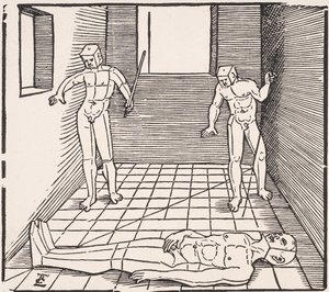 Três figuras masculinas em uma sala De: Unnderweissung der Proportzion de Erhard Schon