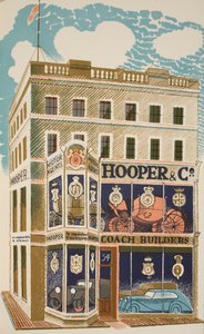Construtor de ônibus, ilustração de &39;High Street&39; por JM Richards, impressa pela Curwen Press, pub. pela vida do país, 1938 de Eric Ravilious