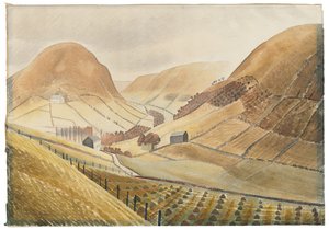 Stooks de milho e fazendas - Hill Farm, Capel-yffin, País de Gales, 1938 de Eric Ravilious