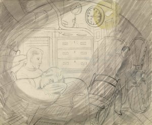 A cabina (ou praça) dos oficiais superiores de um submarino (submarino). Série a lápis de Eric Ravilious (1903-1942), embarcado num submarino durante a Segunda Guerra Mundial (1939-1945) de Eric Ravilious