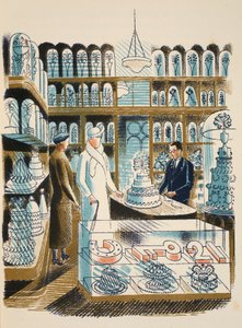Bolo de casamento, ilustração de &39;High Street&39; por JM Richards, impresso pela Curwen Press, pub. pela vida do país, 1938 de Eric Ravilious