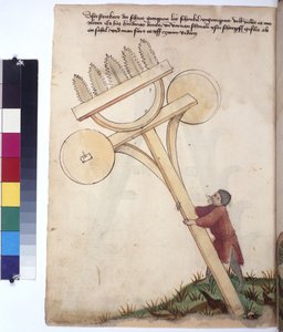Página inteira: carruagem com lâminas de serra à frente, c.1430 (desenho a caneta colorida)
