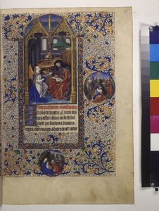 Página inteira: miniatura emoldurada, com texto e inicial a têmpera por baixo de Erich Lessing