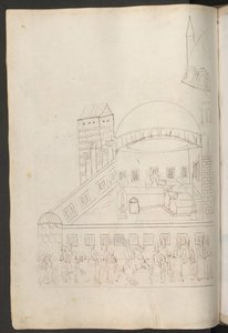 Desenho a caneta: pátio interior de uma mesquita