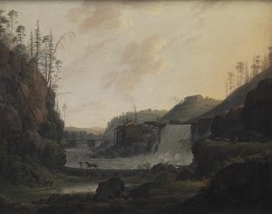 Paisagem fluvial com uma cachoeira perto de Bogstad na Noruega