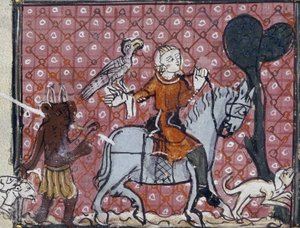 Roy 19 C I. Folio No: 204 O pecado das vaidades mundanas: um cavaleiro com o seu falcão e o seu cão de caça é abordado por um diabo. Um de um conjunto que ilustra as tentações, de poemas de Matfre Ermengau, ca. 1300-1320