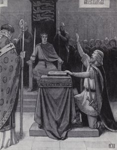 Harold Godwinson fazendo um juramento sobre relíquias sagradas em apoio a Guilherme, a reivindicação do Duque da Normandia ao trono inglês (litho) de Ernest (after) Board