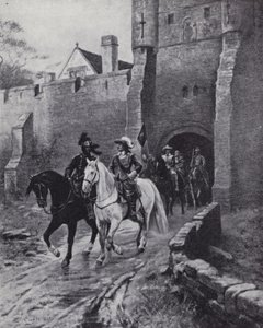 Oliver Cromwell com seu exército em Bootham Bar, York, quando Charles II tentou recuperar o trono em 1650 (litho) de Ernest (after) Crofts