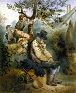 Crianças a roubar maçãs debaixo do nariz do agricultor adormecido - litografia de Grenier, v.1840 de Ernest (after) Grenier