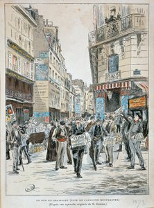 França, Paris, vendedor de jornais na rue du Croissant na esquina da rue du Faubourg Montmartre em Paris por Ernest Grenier, Impressão de aguarela de Ernest (after) Grenier
