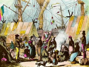 Famílias de emigrantes campeões no porto de Le Havre. Gravura de Ernest Charton (1813-1905) Gravura da Coleção Privada do século XIX de Ernest Charton