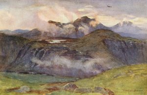 Merrick e Loch Enoch a partir do cume de Corscrine (litografia a cores) de Ernest Edward Briggs