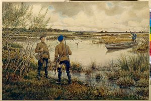 Regresso da caça - (caçadores com o seu equipamento, de pé na margem de um lago, à espera de um companheiro de barco, encarregado de recuperar a caça, patos) - Trabalho de Ernest Ernestovich Lissner (1874-1941), aq de Ernest Ernestovich Lissner