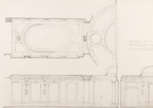 Projectos para o interior do Oxford and Poland Street Cinematograph Theatre: Teto do auditório e parede do fundo, c.1910 (lápis sobre papel) de Ernest George William Souster