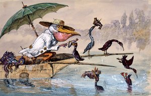 Cormorões apresentando peixes a um pelicano em um barco sob um guarda-chuva, c1864-1907 de Ernest Henry Griset