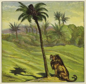 Homem, escapando, leão, escalando, árvore de Ernest Henry Griset