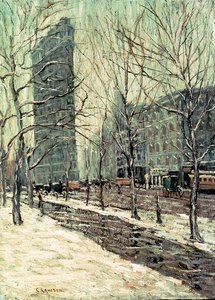 The Flatiron Building, Nova York, c.1903-05 (óleo a bordo) de Ernest Lawson