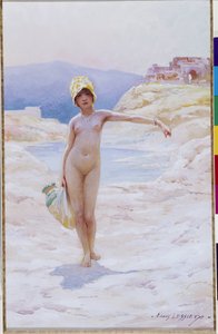 Garota argelina tem o jarro Uma garota nua usando um chapéu usando um jarro de água perto de uma fonte de água de um oásis no deserto. Aquarela de Louis Ernest Lessieux (1874-1925) Menção obrigatória: Coleção fondation concern de Provence, Marselha de Ernest Louis Lessieux
