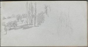 Caderno de desenho, página 18: Estudo de um estudo sobre cavalos e paisagens. de Jean Louis Ernest Meissonier